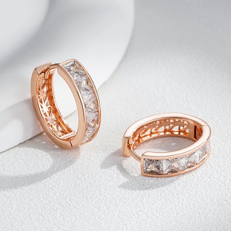 Popular Vintage Rose Gold Hoop Earrings with Square Natural Zircon