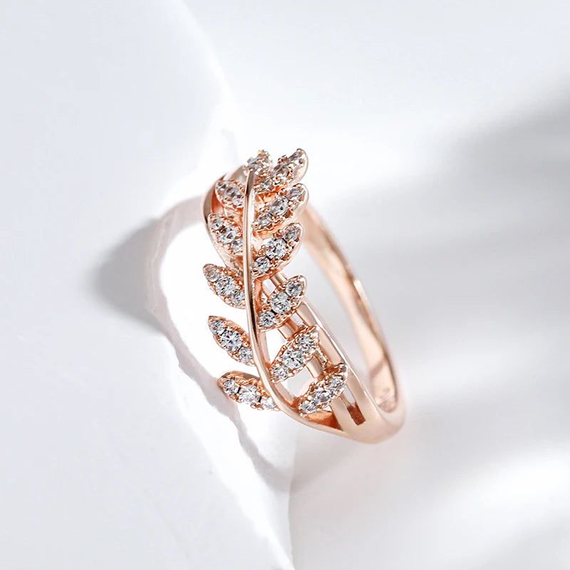 Popular Vintage Rose Gold Leaf Ring with Natural Zircon Accents