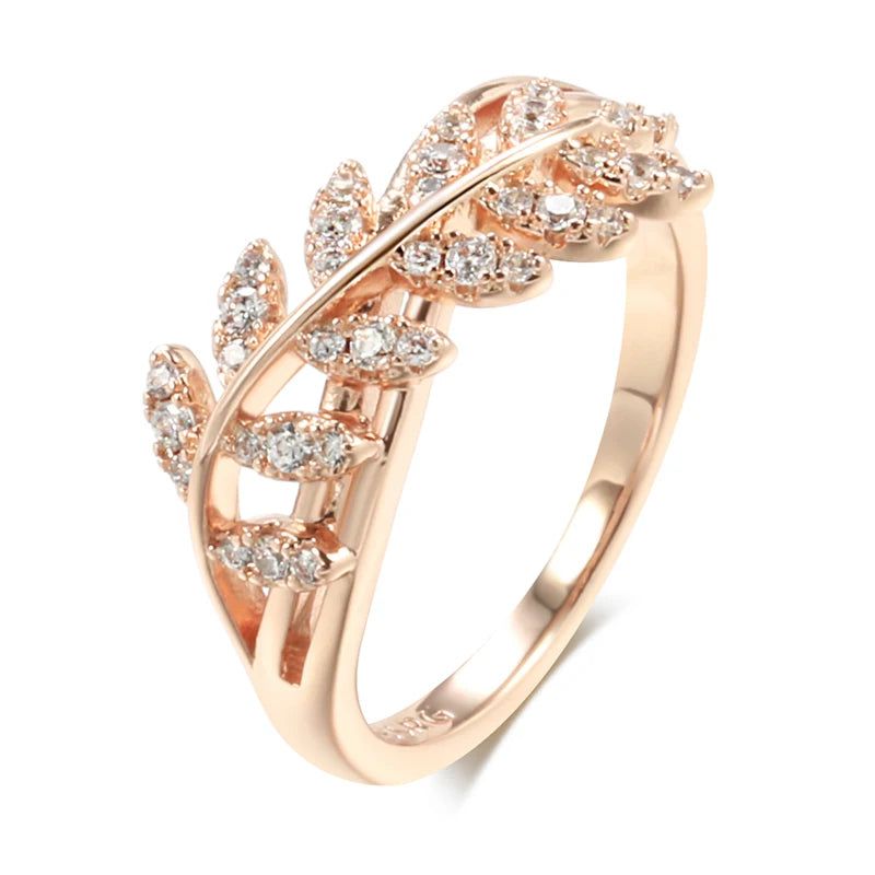 Popular Vintage Rose Gold Leaf Ring with Natural Zircon Accents