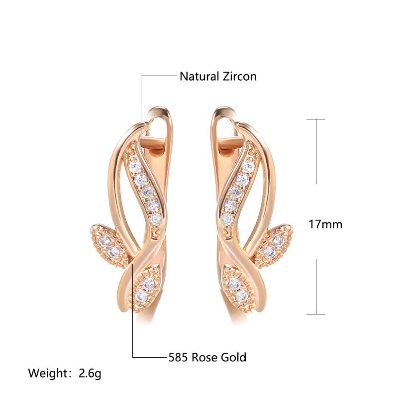 Popular Vintage Rose Gold Leaf Stud Earrings with Natural Zircon