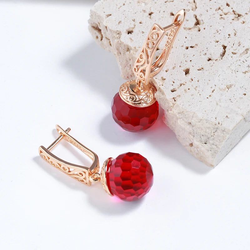 Popular Vintage Rose Gold Long Dangle Earrings with Red Natural Zircon