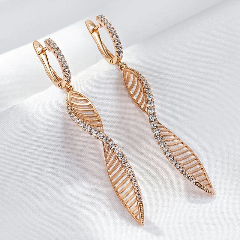 Popular Vintage Rose Gold Long Drop Earrings with Glossy Hollow Design and Natural Zircon Accents