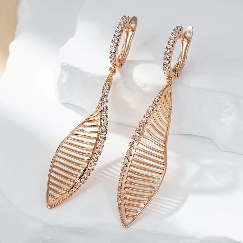 Popular Vintage Rose Gold Long Drop Earrings with Glossy Hollow Design and Natural Zircon Accents