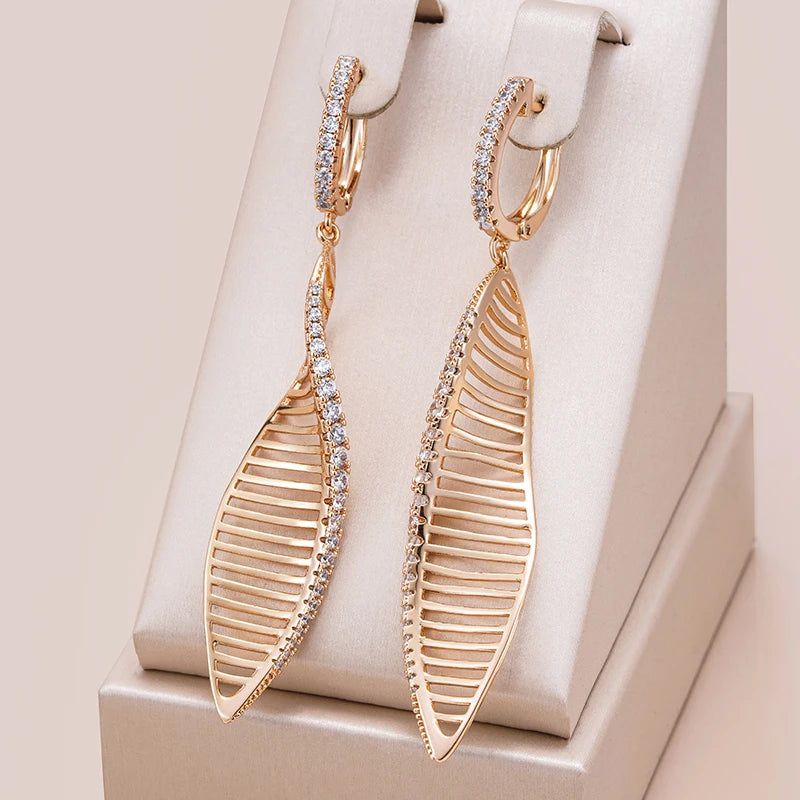 Popular Vintage Rose Gold Long Drop Earrings with Glossy Hollow Design and Natural Zircon Accents