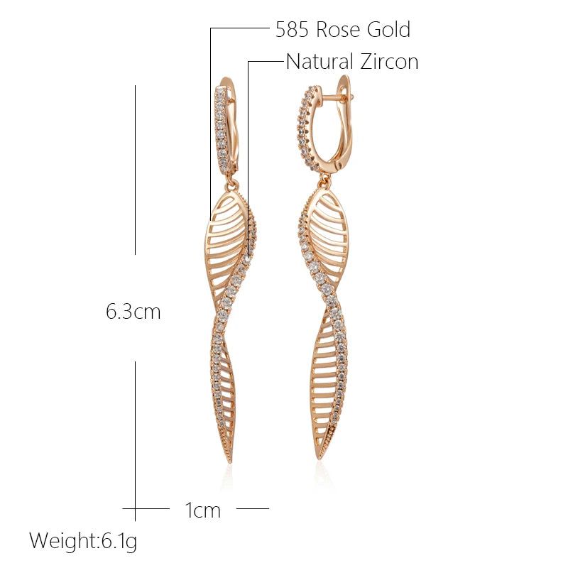 Popular Vintage Rose Gold Long Drop Earrings with Glossy Hollow Design and Natural Zircon Accents