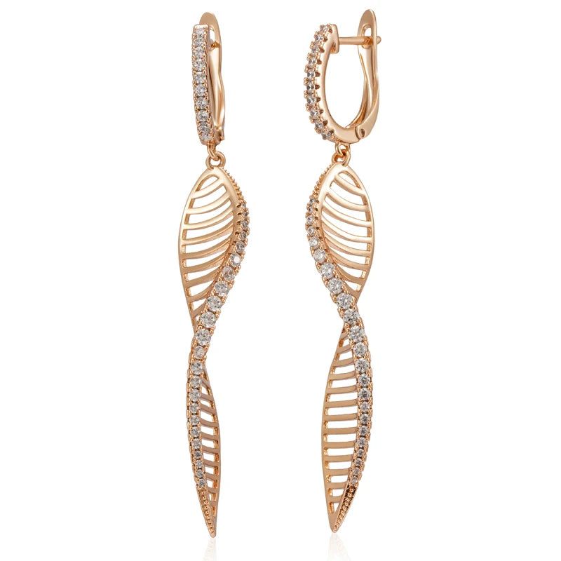 Popular Vintage Rose Gold Long Drop Earrings with Glossy Hollow Design and Natural Zircon Accents