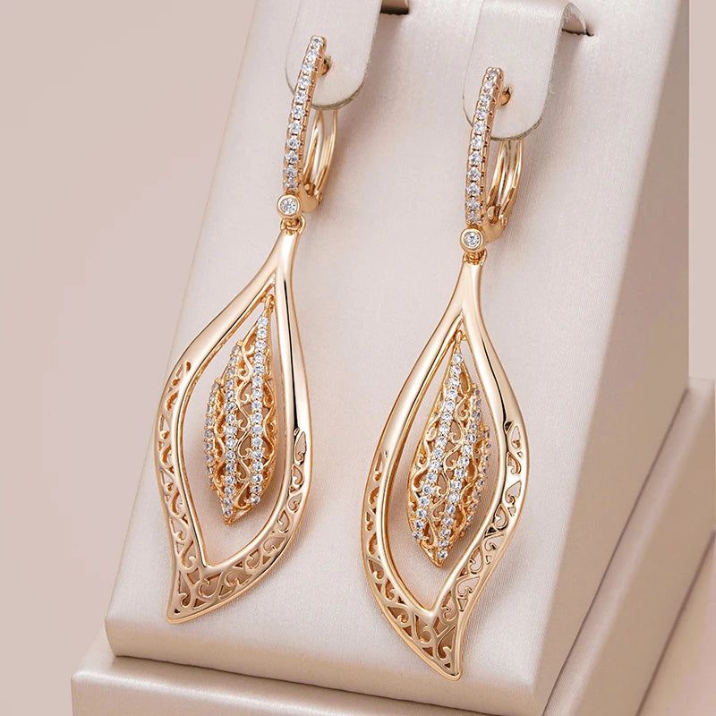 Popular Vintage Rose Gold Long Drop Earrings with Natural Zircon and Glossy Crystal Finish