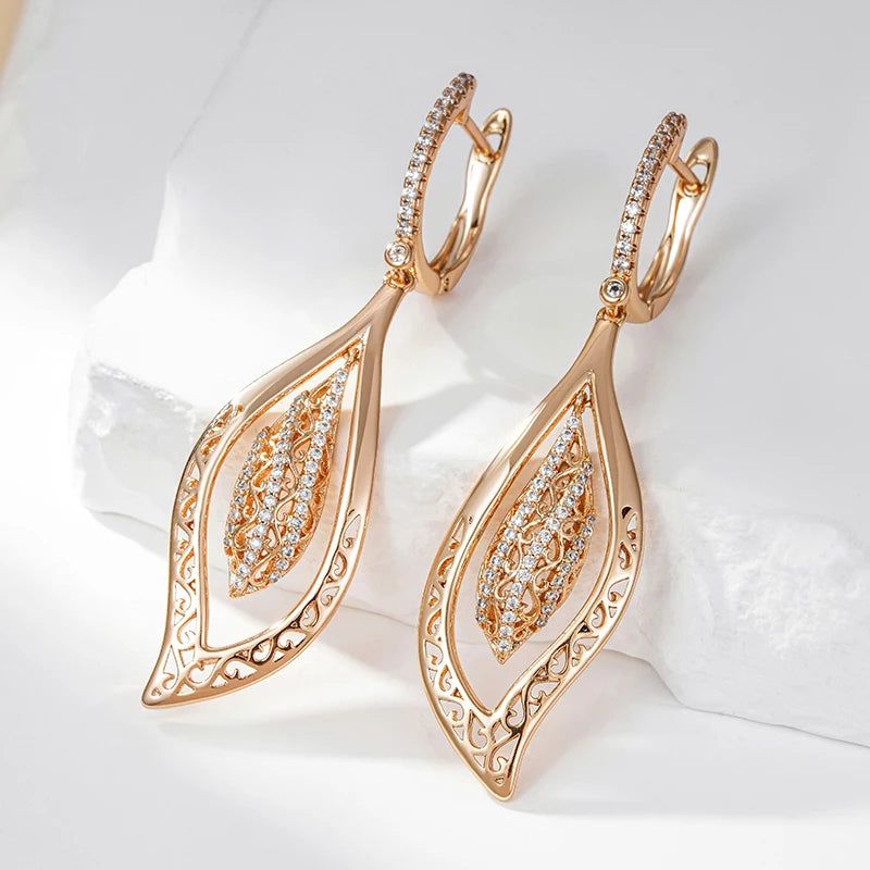 Popular Vintage Rose Gold Long Drop Earrings with Natural Zircon and Glossy Crystal Finish