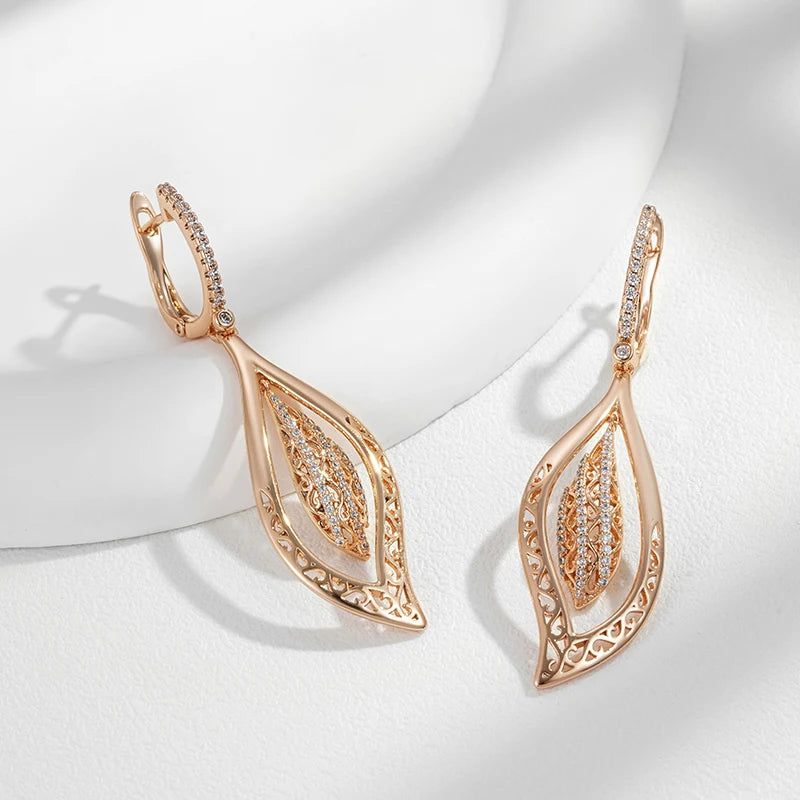 Popular Vintage Rose Gold Long Drop Earrings with Natural Zircon and Glossy Crystal Finish