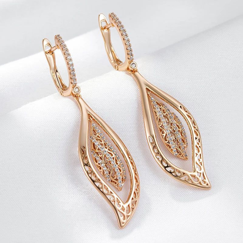 Popular Vintage Rose Gold Long Drop Earrings with Natural Zircon and Glossy Crystal Finish