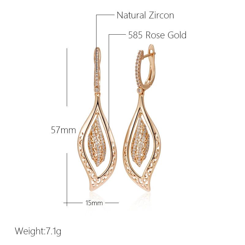 Popular Vintage Rose Gold Long Drop Earrings with Natural Zircon and Glossy Crystal Finish