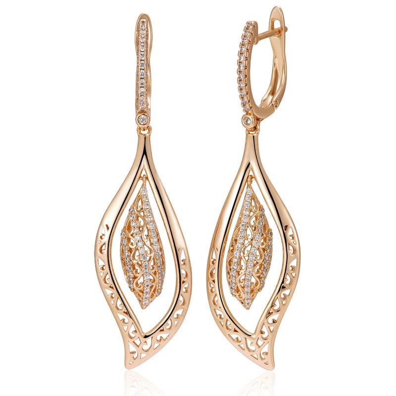 Popular Vintage Rose Gold Long Drop Earrings with Natural Zircon and Glossy Crystal Finish