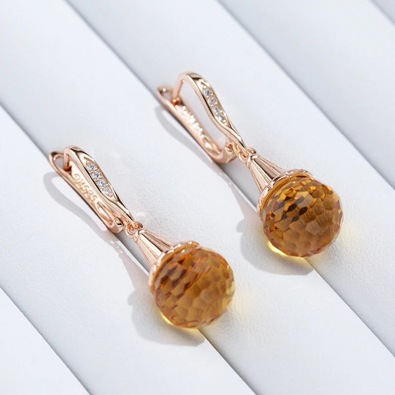 Popular Vintage Rose Gold Long Drop Earrings with Yellow Zircon Ball Pendants