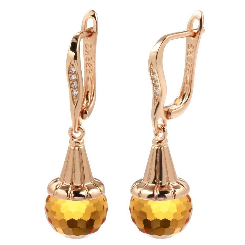 Popular Vintage Rose Gold Long Drop Earrings with Yellow Zircon Ball Pendants