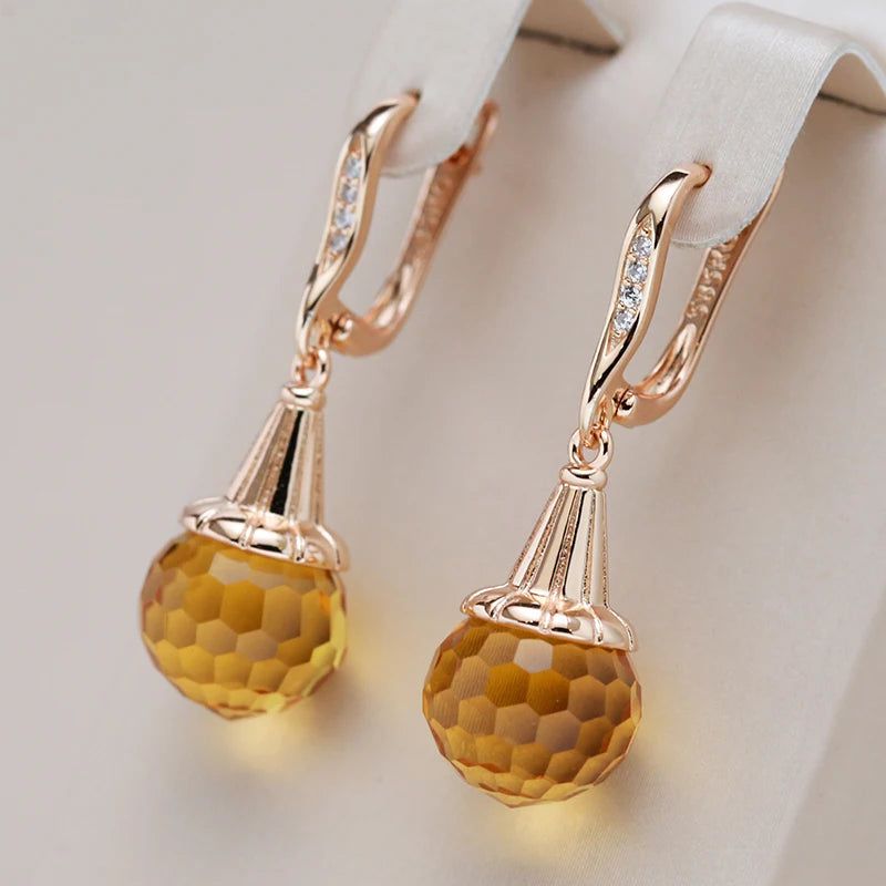 Popular Vintage Rose Gold Long Drop Earrings with Yellow Zircon Ball Pendants