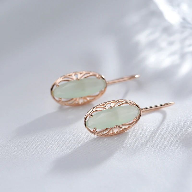 Popular Vintage Rose Gold Long Earrings with Unique Green Natural Zircon