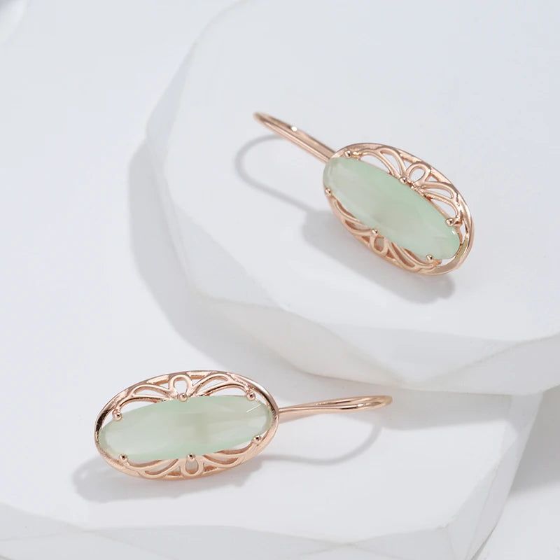 Popular Vintage Rose Gold Long Earrings with Unique Green Natural Zircon