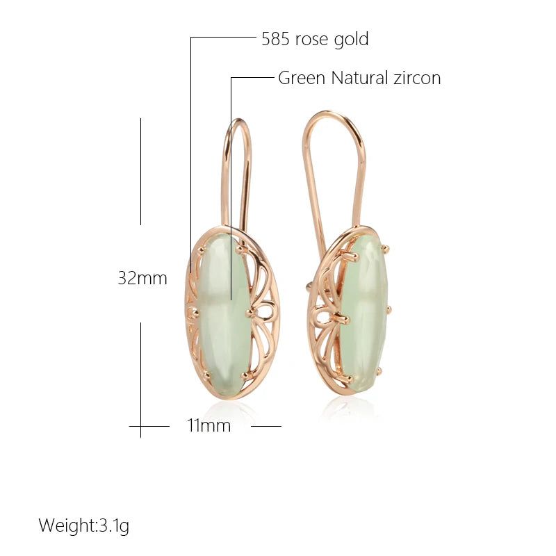 Popular Vintage Rose Gold Long Earrings with Unique Green Natural Zircon