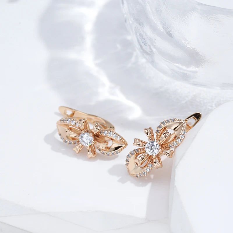 Popular Vintage Rose Gold Long Flower Earrings with Natural Zircon