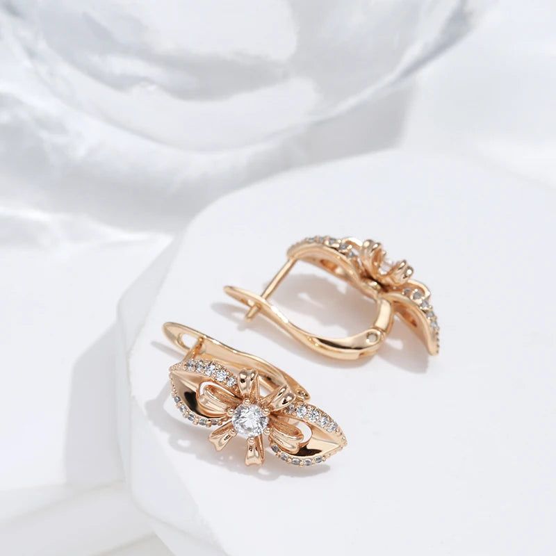 Popular Vintage Rose Gold Long Flower Earrings with Natural Zircon