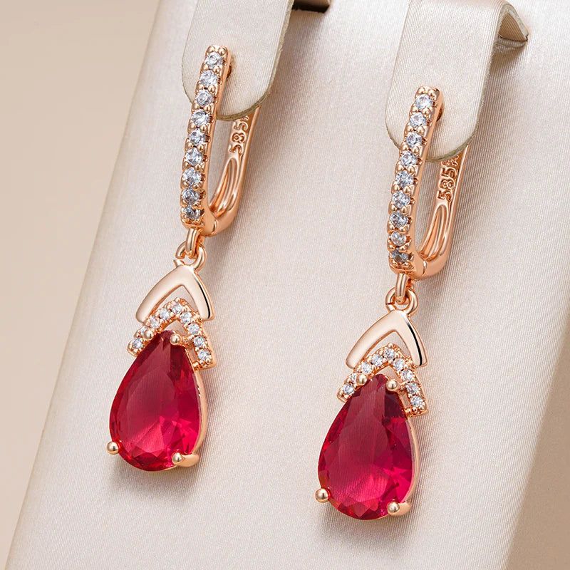 Popular Vintage Rose Gold Water Drop Earrings with Natural Zircon in Shiny Red