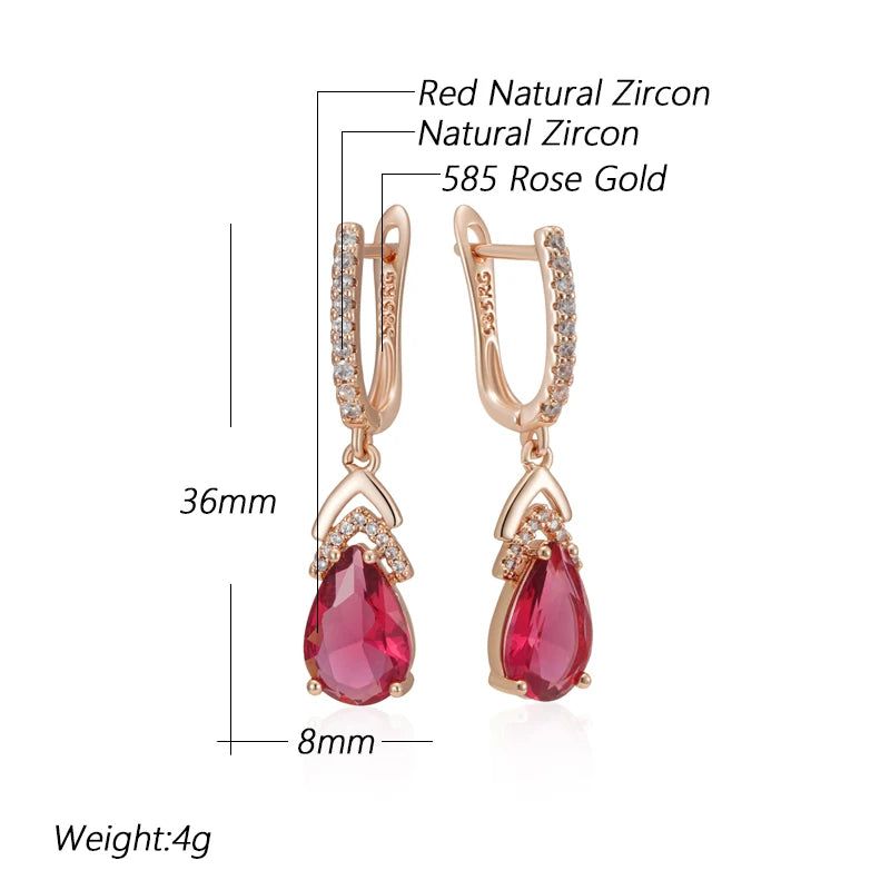 Popular Vintage Rose Gold Water Drop Earrings with Natural Zircon in Shiny Red