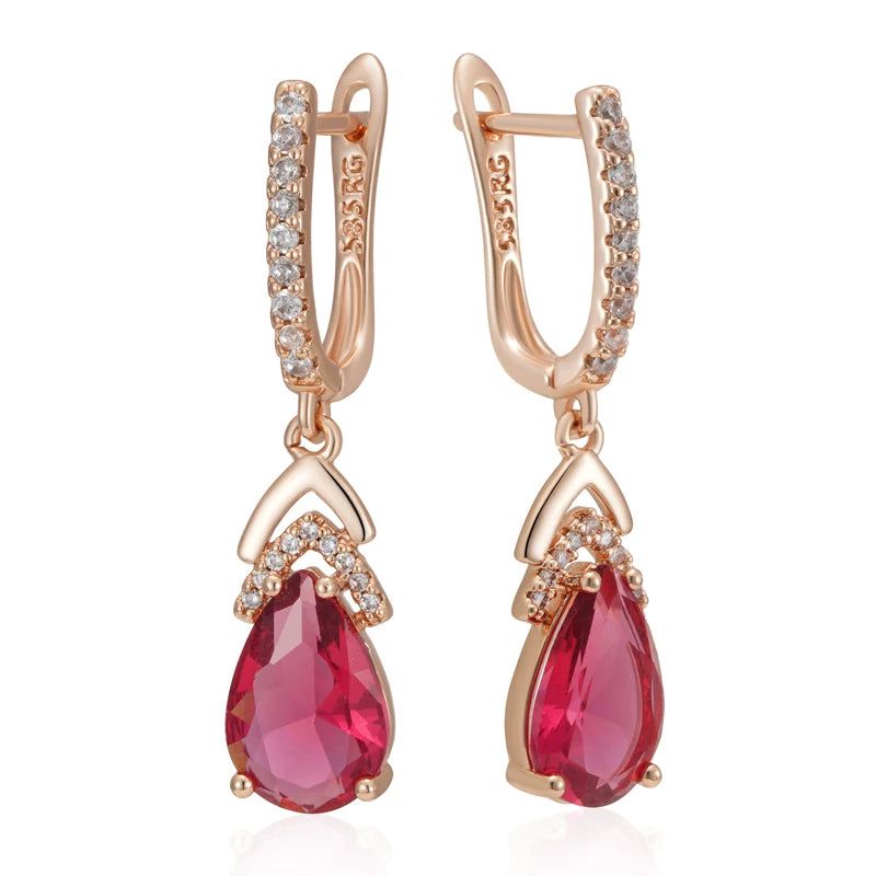 Popular Vintage Rose Gold Water Drop Earrings with Natural Zircon in Shiny Red