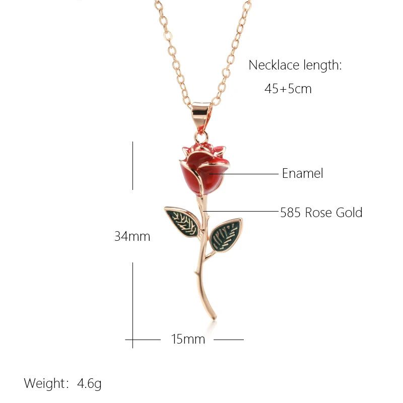 Popular Vintage Rose Pendant Necklace in 585 Rose Gold with Red Enamel Accent