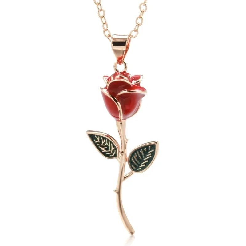 Popular Vintage Rose Pendant Necklace in 585 Rose Gold with Red Enamel Accent