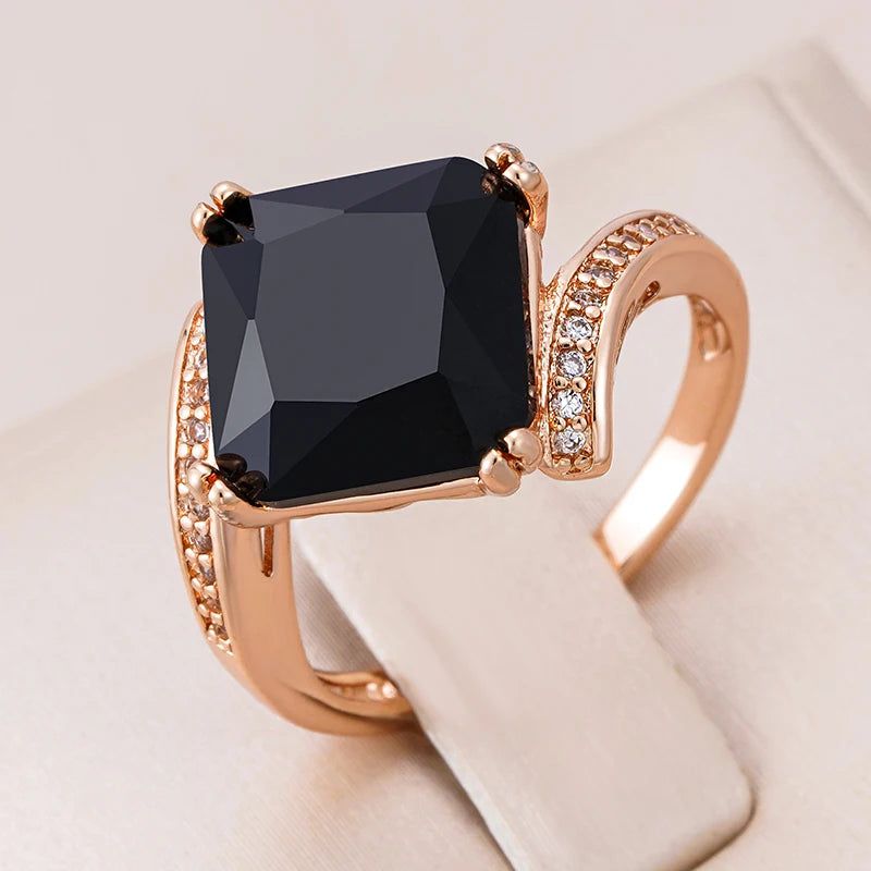 Popular Vintage Square Black Zircon Ring in 585 Rose Gold Finish