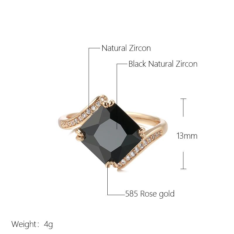 Popular Vintage Square Black Zircon Ring in 585 Rose Gold Finish