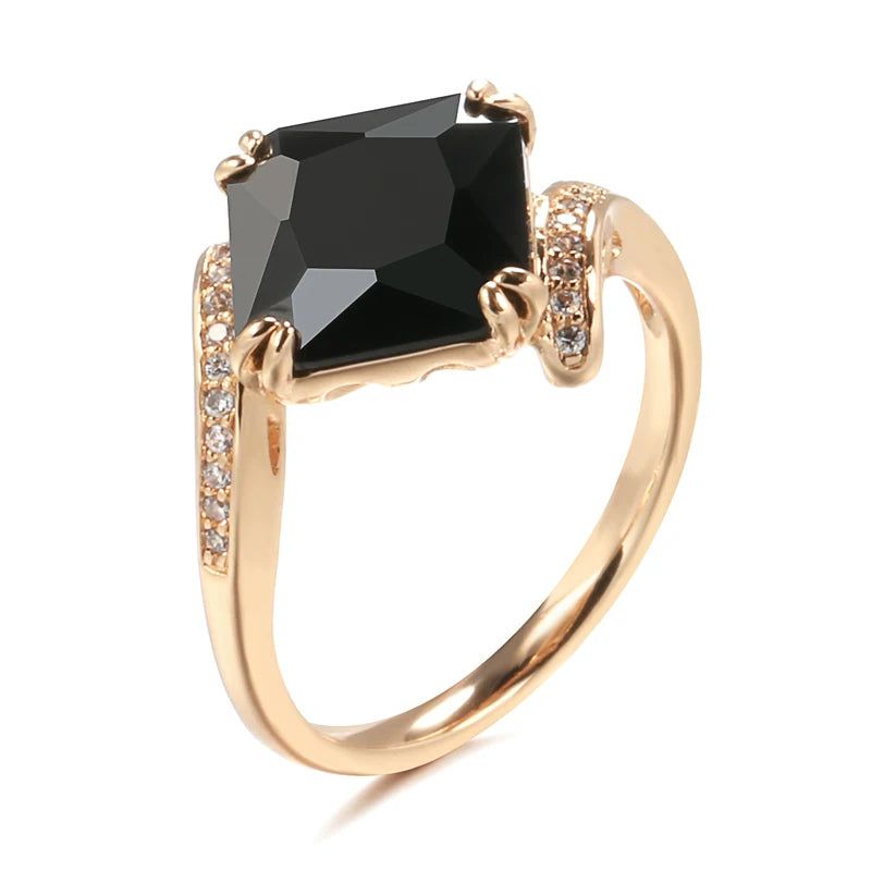 Popular Vintage Square Black Zircon Ring in 585 Rose Gold Finish