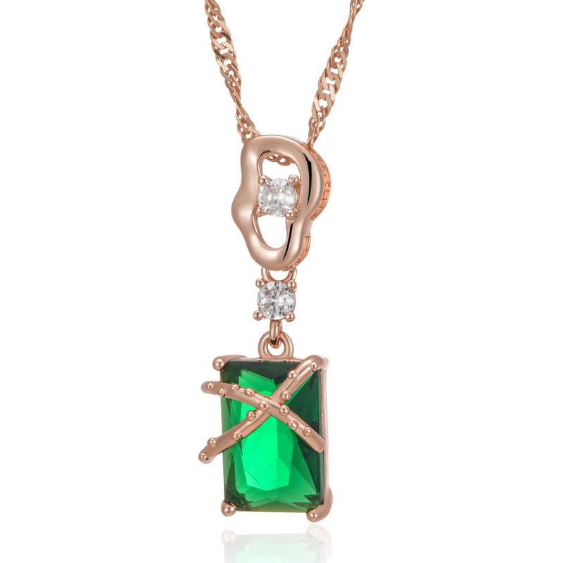 Popular Vintage Square Green Zircon Pendant Necklace in 585 Rose Gold Finish