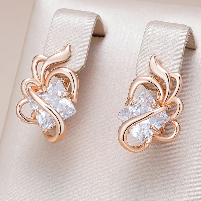 Popular Vintage Square Zircon Drop Earrings in 585 Rose Gold with Crystal Flower Design