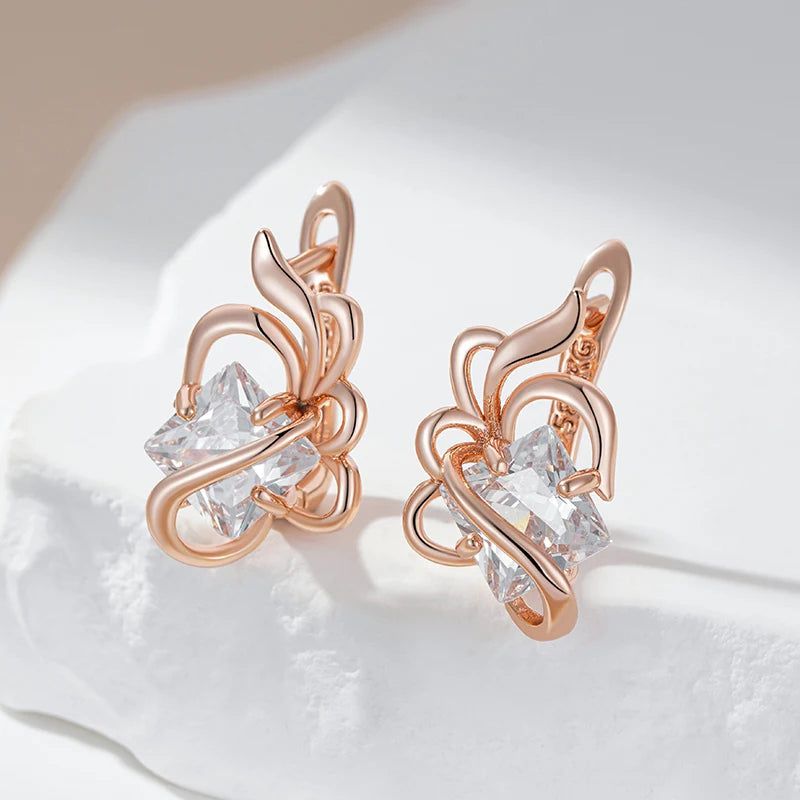 Popular Vintage Square Zircon Drop Earrings in 585 Rose Gold with Crystal Flower Design