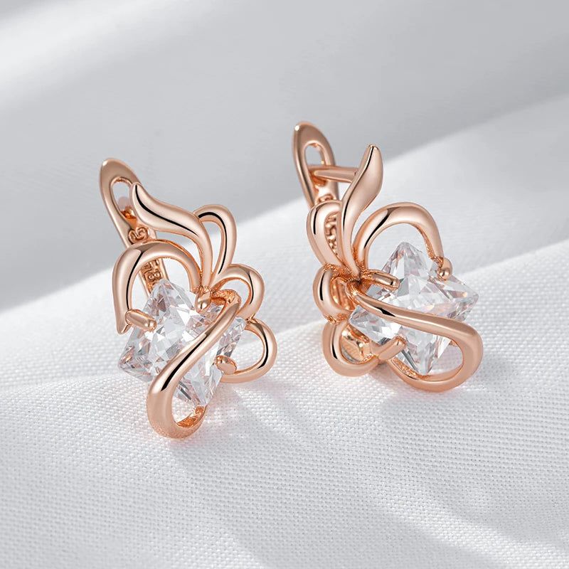 Popular Vintage Square Zircon Drop Earrings in 585 Rose Gold with Crystal Flower Design