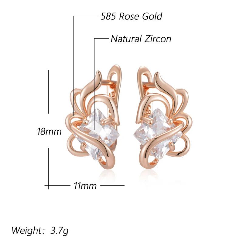 Popular Vintage Square Zircon Drop Earrings in 585 Rose Gold with Crystal Flower Design