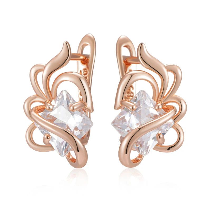 Popular Vintage Square Zircon Drop Earrings in 585 Rose Gold with Crystal Flower Design