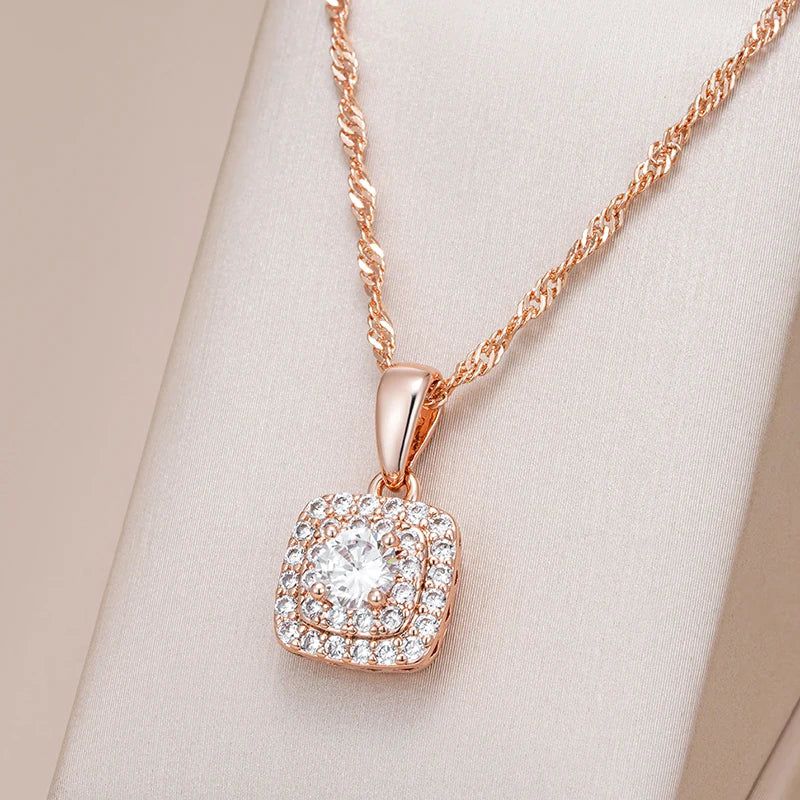 Popular Vintage Square Zircon Pendant Necklace in 585 Rose Gold with Crystal Accents