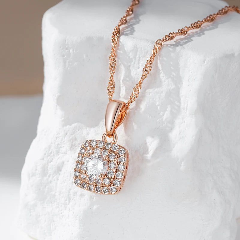 Popular Vintage Square Zircon Pendant Necklace in 585 Rose Gold with Crystal Accents