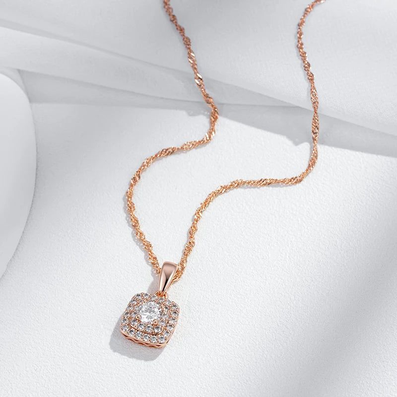 Popular Vintage Square Zircon Pendant Necklace in 585 Rose Gold with Crystal Accents