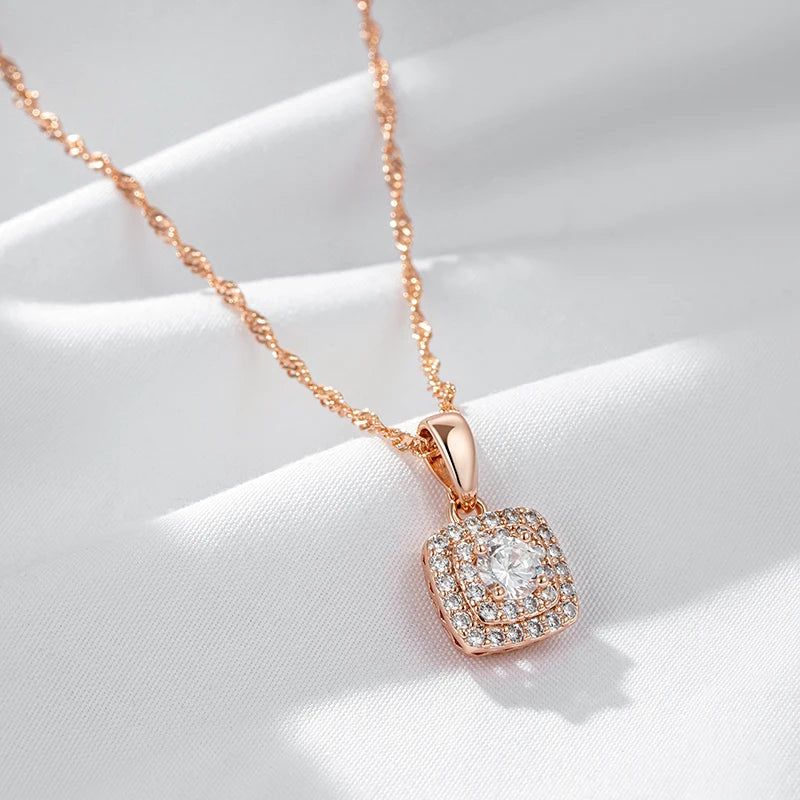 Popular Vintage Square Zircon Pendant Necklace in 585 Rose Gold with Crystal Accents