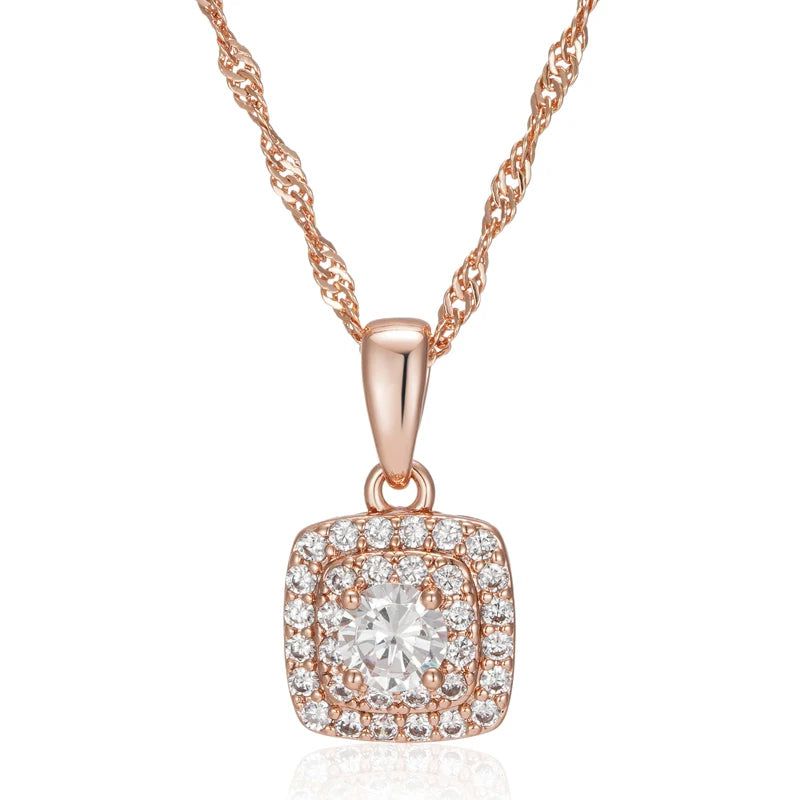 Popular Vintage Square Zircon Pendant Necklace in 585 Rose Gold with Crystal Accents