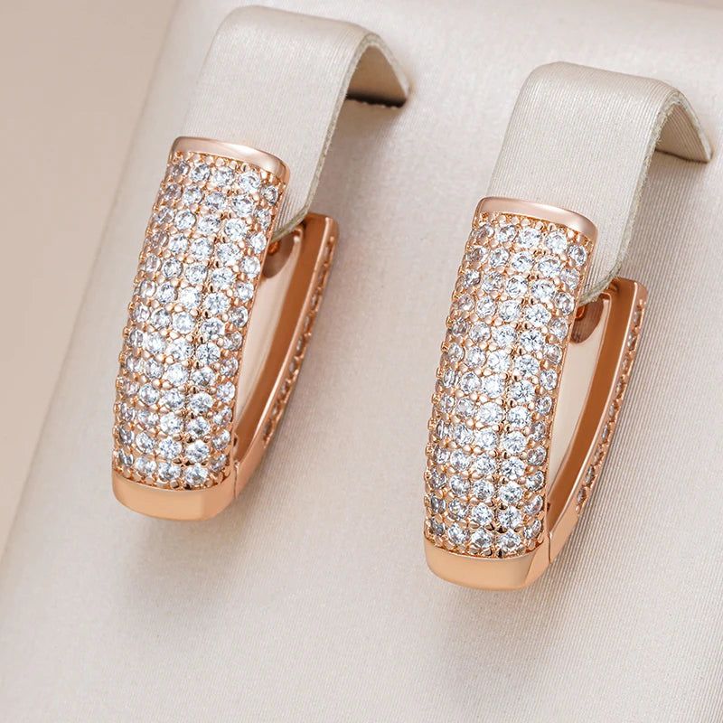 Popular Vintage V Shape Hoop Earrings in 585 Rose Gold with Natural Zircon Accents