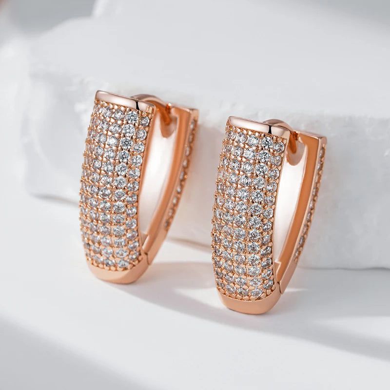 Popular Vintage V Shape Hoop Earrings in 585 Rose Gold with Natural Zircon Accents