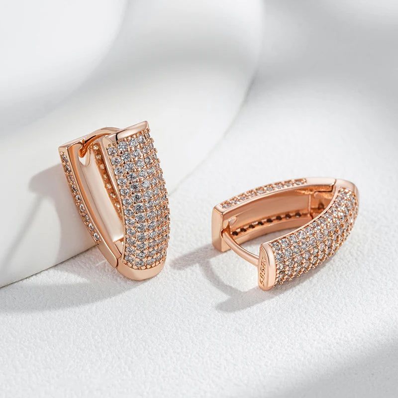 Popular Vintage V Shape Hoop Earrings in 585 Rose Gold with Natural Zircon Accents