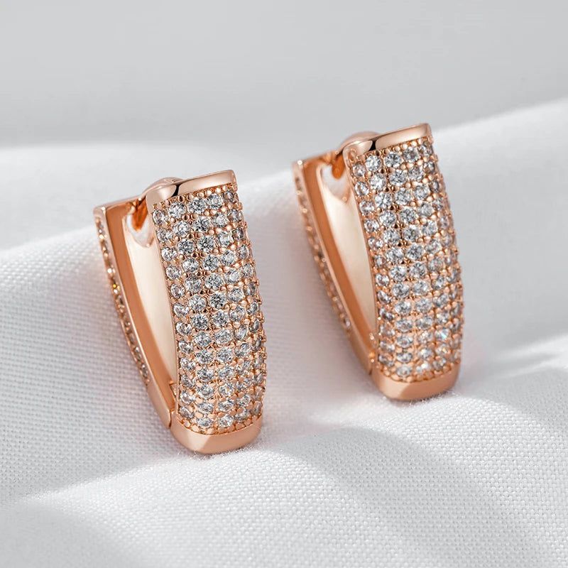 Popular Vintage V Shape Hoop Earrings in 585 Rose Gold with Natural Zircon Accents