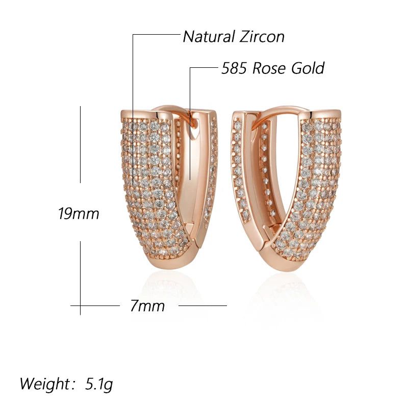 Popular Vintage V Shape Hoop Earrings in 585 Rose Gold with Natural Zircon Accents