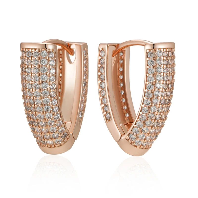 Popular Vintage V Shape Hoop Earrings in 585 Rose Gold with Natural Zircon Accents