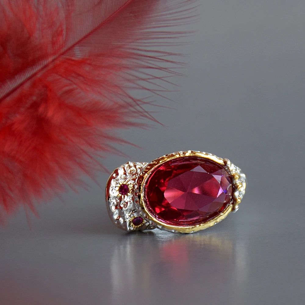 Punk Duck Design Ring with Large Red Zircon Stone - Cute Jewelry Statement Piece